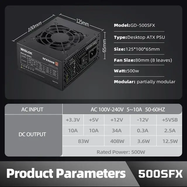 Alt view image 4 of 5 - WISLOK SFX Power Supply 500W PSU Non-Modular Design SFX Form Factor is Suitable for Mini-ITX/SFF/MATX PC Games and Home Theater Compatible with RTX 3060/4060