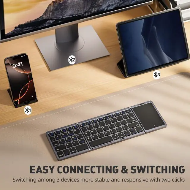 Alt view image 2 of 5 - kidopire Foldable Bluetooth Keyboard with Touchpad, Wireless Folding Portable Keyboards with Stand Holder, Ultra Slim Travel Keyboard for Android Windows iOS Tablet, Pocket-Sized, Gray