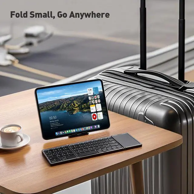 Alt view image 3 of 5 - kidopire Foldable Bluetooth Keyboard with Touchpad, Wireless Folding Portable Keyboards with Stand Holder, Ultra Slim Travel Keyboard for Android Windows iOS Tablet, Pocket-Sized, Gray