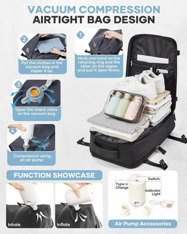 Alt view image 2 of 5 - WONHOX Vacuum Seal Backpack for Travel with Air Pump Daypack Carry on Flight Approved Compression Laptop Space Saver Bags Storage with Vacuum System 18x14x8 inches Travel Essentials Bag Women Black