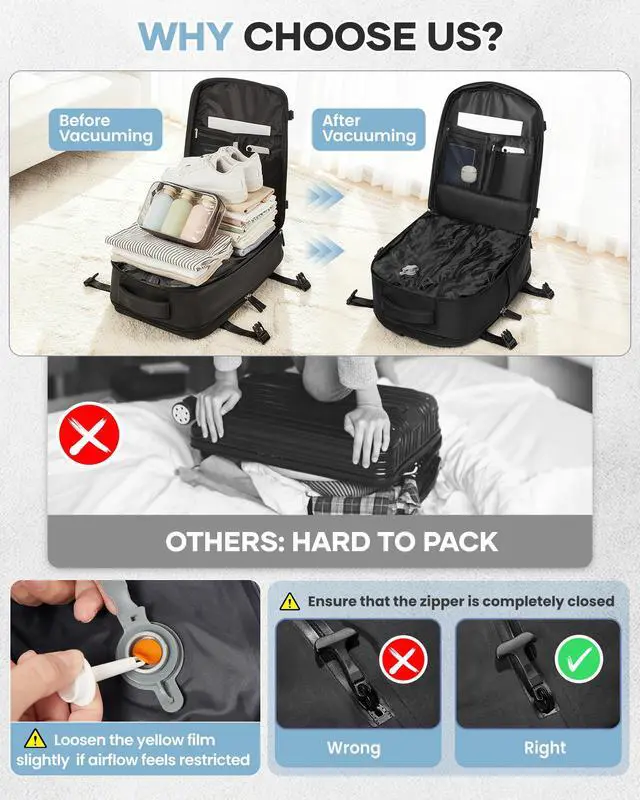 Alt view image 3 of 5 - WONHOX Vacuum Seal Backpack for Travel with Air Pump Daypack Carry on Flight Approved Compression Laptop Space Saver Bags Storage with Vacuum System 18x14x8 inches Travel Essentials Bag Women Black