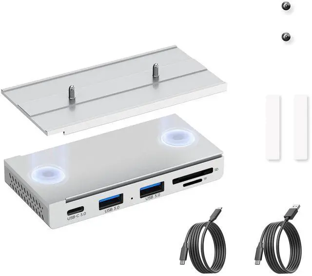 Main image of EJAY 5-in-1 Magnetic USB 3.0 Hub with SD/TF Card Reader, 2 USB-A + 1 USB-C Ports, Includes Sliding Rail, Screws & Sticky Pads for MacBook Laptop PC Silver