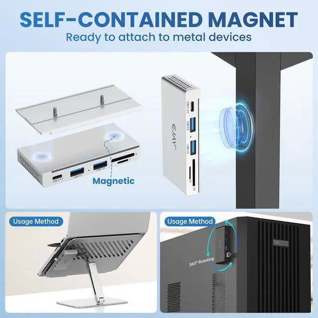 Alt view image 2 of 5 - EJAY 5-in-1 Magnetic USB 3.0 Hub with SD/TF Card Reader, 2 USB-A + 1 USB-C Ports, Includes Sliding Rail, Screws & Sticky Pads for MacBook Laptop PC Silver