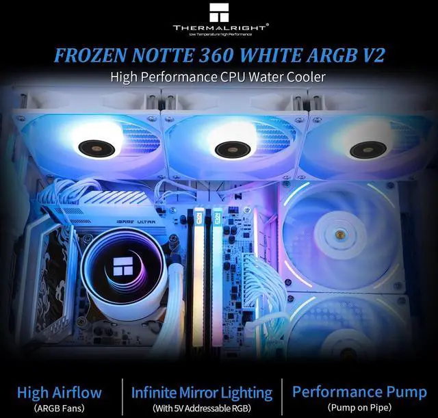 Alt view image 2 of 5 - Thermalright Frozen Notte 360 White ARGB V2 Water Cooling CPU Cooler, 360 Specification CPU Liquid Cooler,3 PWM Fans, for AM4/AM5,Intel lga1700/1851/115x/2011
