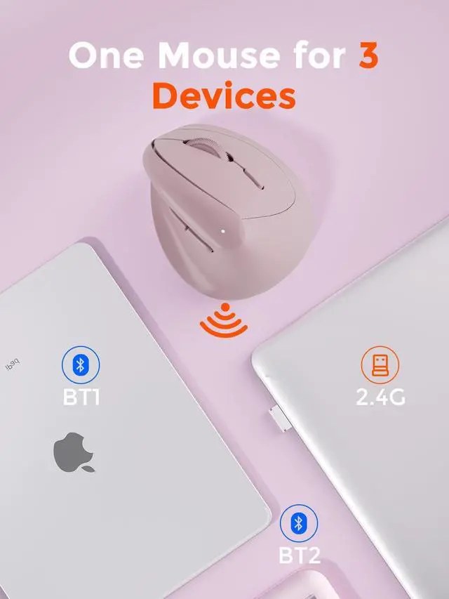 Alt view image 4 of 5 - DAREU Ergonomic Vertical Wireless Mouse,2.4GHz / BT Optical Vertical Mice with Ergo Design for Comfort and Reduced Wrist Strain,3 Multi-Device Connectivity for Computer/PC/Laptop, Suit for Small Hand
