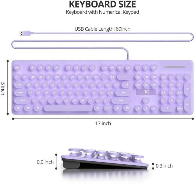 Alt view image 5 of 5 - surmen Purple Quiet Keyboard Wired Retro Typewriter, Full Size Soft Keyboards with Number Pad, Round Keys, Backlit USB for Office, Desktop, Laptop(Purple)