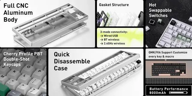 Alt view image 3 of 5 - MCHOSE GX87 Ultra Wireless Mechanical Keyboard TKL 80% Gaming Keyboard Creamy QMK/VIA CNC Aluminum USB-C/BT5.0/2.4Ghz 8000mAh Battery Custom Hot Swappable RGB Backlit for Windows/Mac/PC White