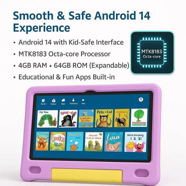 Alt view image 2 of 5 - NOBKLEN 10.1 Inch Kids Tablet with Shockproof Case | Android 14, 64GB+8GB RAM, 12H Battery | Parental Control, Google Kids Space & Preloaded Educational Apps | WiFi 6, HD Display, Ages 3-12
