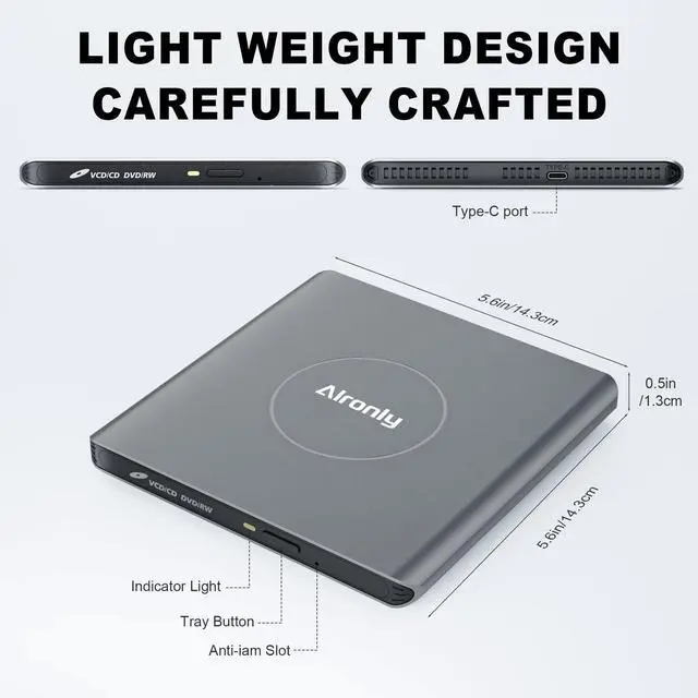 Alt view image 3 of 5 - Alronly External CD/DVD Drive for Laptop/PC, USB 3.0 Type-C USB Portable Alloy Player for Computer CD DVD +/-RW Disk Drive CD Burner Writer Reader Compatible with Desktop Windows Apple Linux (F03)
