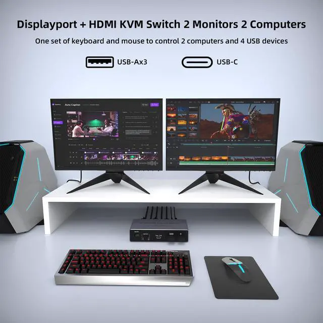 Alt view image 2 of 5 - 8K KVM Switch for 2 Computers 2 Monitors HDMI+DisplayPort, Aluminum 8K@60Hz KVM Switcher for 2 PC Share Dual Monitors and 4 USB 3.0 Ports, Support Extended/Copy Mode, with Desktop Controller