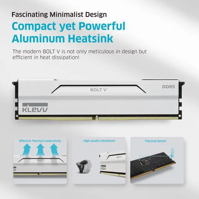 Alt view image 3 of 5 - KLEVV Bolt V DDR5 32GB (2x16GB) 6400MHz CL32 SK Hynix A-Die 1.35V Gaming Desktop Ram Memory XMP 3.0 / AMD Expo Ready - White (KD5AGUA80-64A320I)
