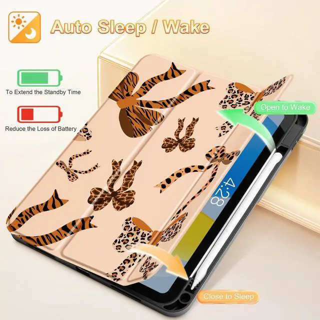 Alt view image 3 of 5 - Mektron Case for iPad (A16) 11th Generation 11-inch 2025 Fit iPad 10th Gen 10.9 inch 2022, Tablet Cover with Trifold Stand + Pencil Holder + Auto Wake/Sleep + TPU Back Cover, Leopard Bows