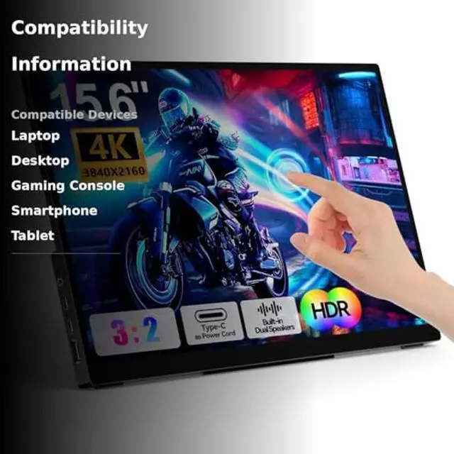 Alt view image 3 of 5 - 4K Portable Touch Monitor, 15.6" inch 3840 * 2160 UHD w/USB-C HDMI Laptop Monitor, 2000:1 100% RGB IPS Aluminum Alloy Shell,10-Point TouchDual Speaker, HDR, for Home, Work