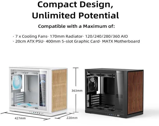 Alt view image 3 of 5 - Shiny Snake G600 MATX Gaming Case with 11.3" Auxiliary Screen - Wood Front Panel + Tempered Glass - 34L Mirco Form Factor - Compatible with RX9070XT / RTX 5090 - Walnut Black