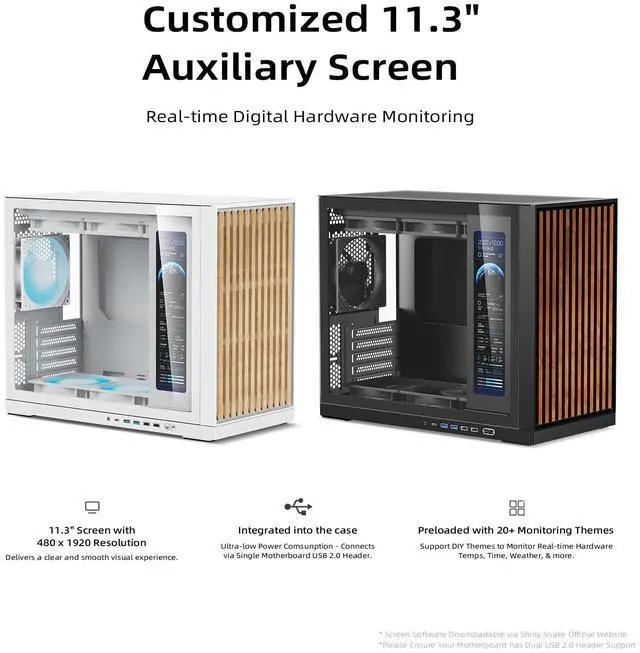 Alt view image 5 of 5 - Shiny Snake G600 MATX Gaming Case with 11.3" Auxiliary Screen - Wood Front Panel + Tempered Glass - 34L Mirco Form Factor - Compatible with RX9070XT / RTX 5090 - Walnut Black