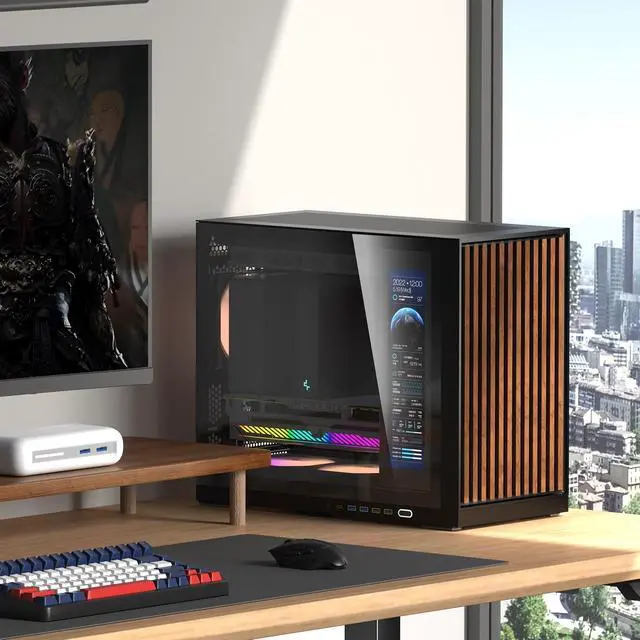 Alt view image 2 of 5 - Shiny Snake G600 MATX Gaming Case with 11.3" Auxiliary Screen - Wood Front Panel + Tempered Glass - 34L Mirco Form Factor - Compatible with RX9070XT / RTX 5090 - Walnut Black