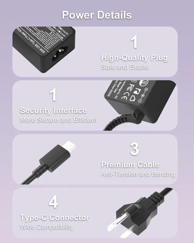 Alt view image 4 of 5 - 65W USB C Charger Fit for LG Gram Laptop 14" 15" 16" 17" Series 14Z90N 14Z90P 15Z90N 16Z90P 17Z90N 17Z90P Fast Charging Adapter Power Cord
