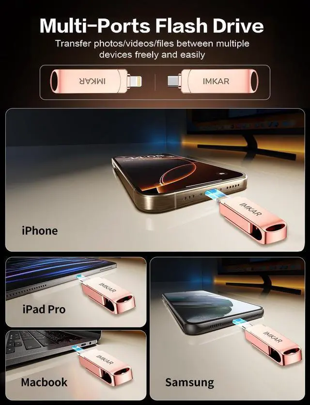 Alt view image 2 of 5 - MFi Certified 256GB Flash Drive for iPhone iPad, IMKAR Memory Stick Storage for Photos Videos, Compatible with iPhone iPad Android and PC, Plug and Play No Application Required (Rose Gold)
