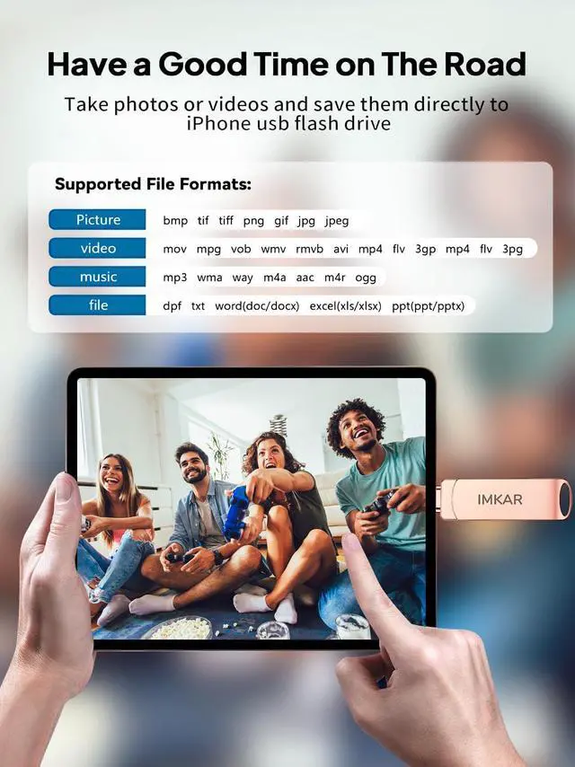 Alt view image 5 of 5 - MFi Certified 256GB Flash Drive for iPhone iPad, IMKAR Memory Stick Storage for Photos Videos, Compatible with iPhone iPad Android and PC, Plug and Play No Application Required (Rose Gold)