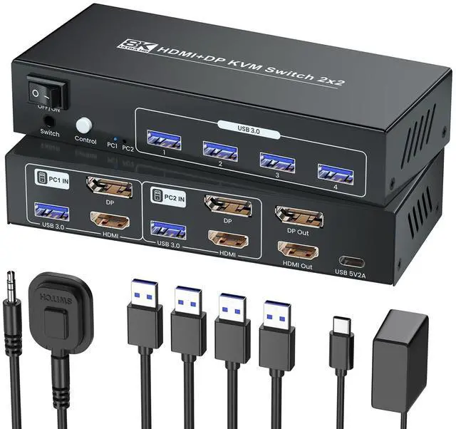 Main image of HDMI Displayport KVM Switch 2 Monitors 2 Computers, 8K60Hz 4K120Hz USB 3.0 Dual Monitor HDMI DP KVM Switch for 2 PCs Management Via 1 Set of Keyboard, Mouse and 2 Monitors