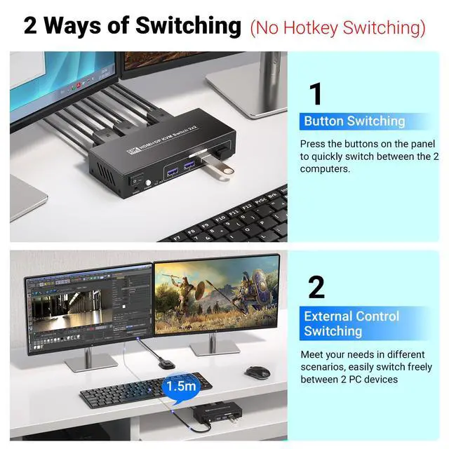 Alt view image 5 of 5 - HDMI Displayport KVM Switch 2 Monitors 2 Computers, 8K60Hz 4K120Hz USB 3.0 Dual Monitor HDMI DP KVM Switch for 2 PCs Management Via 1 Set of Keyboard, Mouse and 2 Monitors