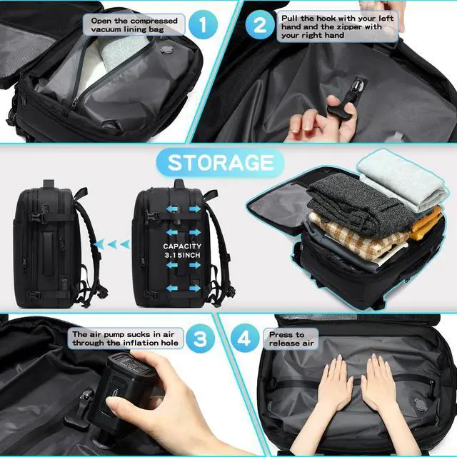 Alt view image 5 of 5 - Cusangel compression Vacuum Backpack for Travel,Vacpack,Flight Approved Carry On Backpacks for International Travel,laptop Daypack 45L Expandable 60L Airback (No Vacuum pump)