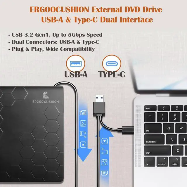 Alt view image 2 of 5 - External Slim USB 3.2 Gen1 CD/DVD Burner Writer Reader, Portable CD/DVD-RW Optical Drive with 4.7GB DVD Disc for Data Backup, Compatible with Windows & Mac, Plug & Play for Laptops & Desktops