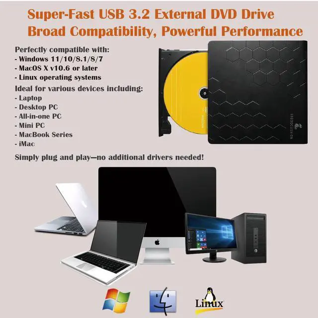 Alt view image 3 of 5 - External Slim USB 3.2 Gen1 CD/DVD Burner Writer Reader, Portable CD/DVD-RW Optical Drive with 4.7GB DVD Disc for Data Backup, Compatible with Windows & Mac, Plug & Play for Laptops & Desktops