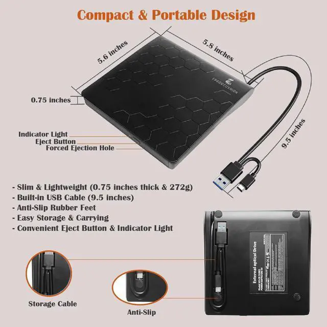Alt view image 4 of 5 - External Slim USB 3.2 Gen1 CD/DVD Burner Writer Reader, Portable CD/DVD-RW Optical Drive with 4.7GB DVD Disc for Data Backup, Compatible with Windows & Mac, Plug & Play for Laptops & Desktops