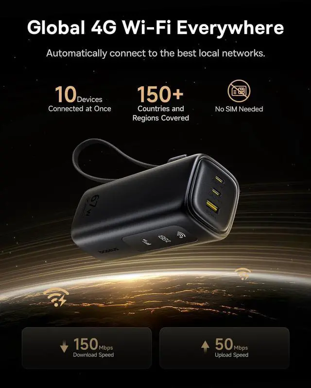 Alt view image 3 of 5 - Baseus 4G LTE Mobile Hotspot & 20000mAh 67W Power Bank 2-in-1, Portable WiFi for Travel in 150+ Countries, No SIM Card, No Contract, 10 Devices, Worldwide Hotspot Router with 1GB/Month 1 Year