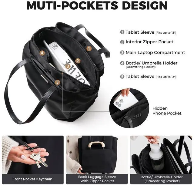 Alt view image 3 of 5 - BBCREAT Large Laptop Tote Bag for Women 13 inch, Lightweight Teacher Bag Women Office Work Bag with Straps, Waterproof Computer handbag Business Briefcase, Black