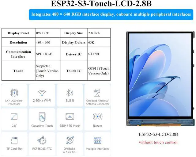 Alt view image 3 of 5 - ESP32-S3 2.8inch Display Development Board, 480×640, IPS LCD, 32-bit LX7 Dual-Core Processor, Supports W-F-i & Blue-Too-th, ESP32 with Display (No Touch)