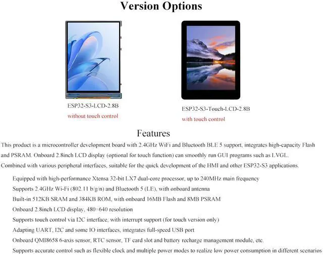 Alt view image 4 of 5 - ESP32-S3 2.8inch Display Development Board, 480×640, IPS LCD, 32-bit LX7 Dual-Core Processor, Supports W-F-i & Blue-Too-th, ESP32 with Display (No Touch)