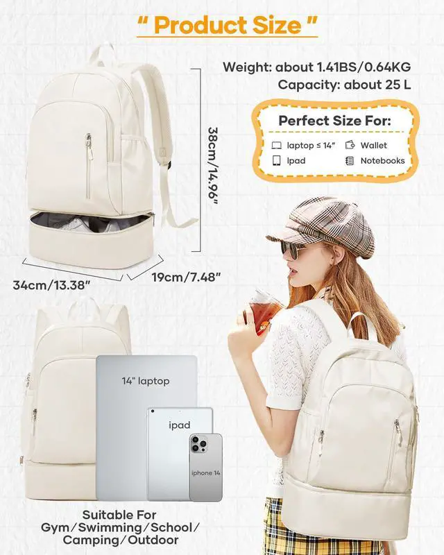 Alt view image 2 of 5 - Small Gym Backpack for Women Men, Waterproof Gym Track Bag with Expandable Shoe Compartment, Lightweight Mini Casual Daypack Sports Back Pack for Travel Hiking Dance Yoga Fitness Track, White