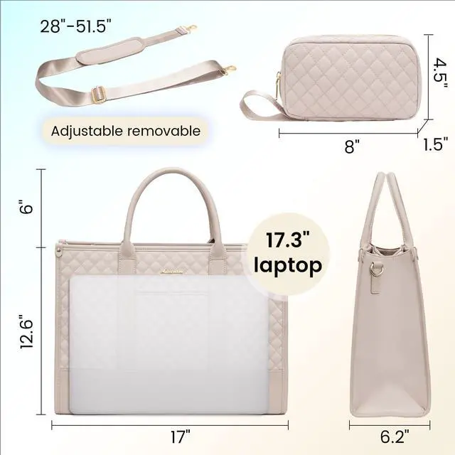 Alt view image 4 of 5 - LOVEVOOK Laptop Bags for Women, 17 inch Waterproof Work Tote Bag with Clutch, Professional Teacher Computer Purse Lightweight Shoulder Bag Travel, Gray pink