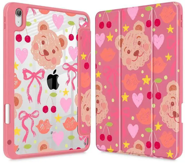 Main image of Mektron Case for iPad Air 11 inch (M3 2025 7th /M2 2024 6th), Compatible with iPad Air 10.9" (2022 5th Gen /2020 4th Gen), Buit in Pencil Holder with Shockproof Clear Shell, Teddy Bow-Kawaii