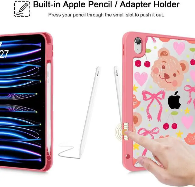 Alt view image 5 of 5 - Mektron Case for iPad Air 11 inch (M3 2025 7th /M2 2024 6th), Compatible with iPad Air 10.9" (2022 5th Gen /2020 4th Gen), Buit in Pencil Holder with Shockproof Clear Shell, Teddy Bow-Kawaii