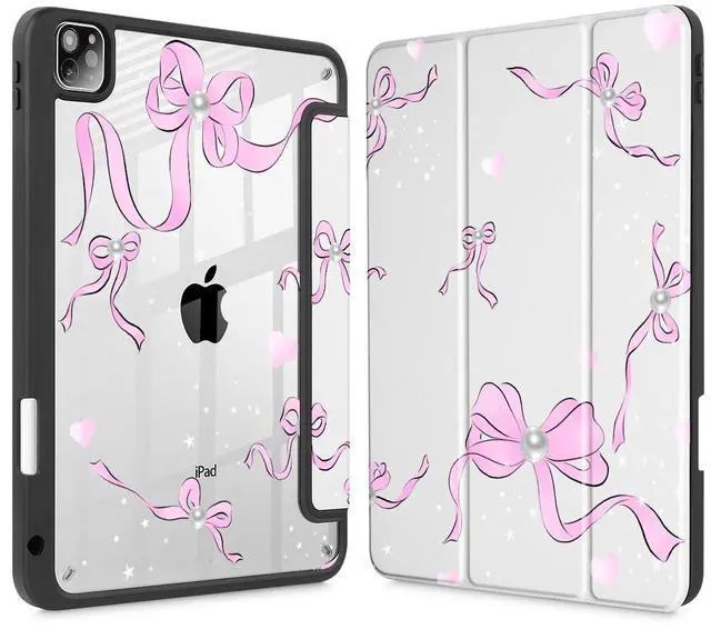 Main image of May Chen for iPad Pro 13 Inch Case M5 2025 / M4 2024, Built Pencil Holder & Clear Transparent Print Back Shell Slim Stand Shockproof Tablet Cover, Auto Wake/Sleep, Pearl Bow