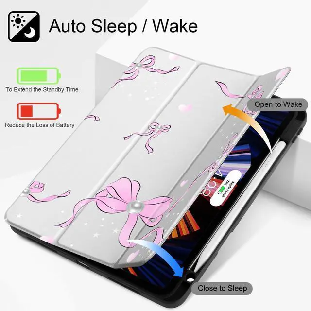 Alt view image 3 of 5 - May Chen for iPad Pro 13 Inch Case M5 2025 / M4 2024, Built Pencil Holder & Clear Transparent Print Back Shell Slim Stand Shockproof Tablet Cover, Auto Wake/Sleep, Pearl Bow