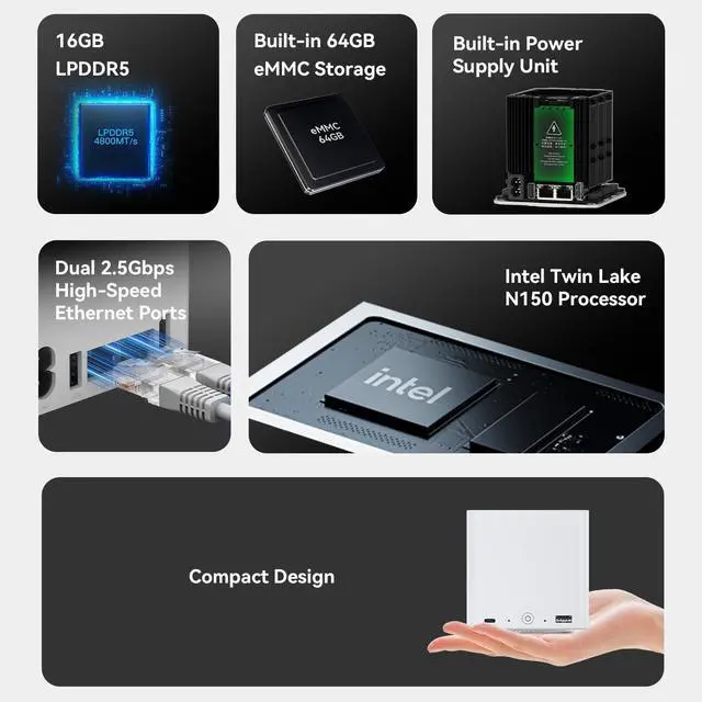 Alt view image 3 of 5 - Beelink ME Mini PC, Desktop NAS with Intel N150(4C/4T, up to 3.6GHz), 16GB LPDDR5, 64GB EMMC, 6*M.2 PCIe3.0 Slot(MAX 24TB), Dual 2.5G LAN/USB3.2/NAS/Soft Router/Data Center/Network Attached Storage