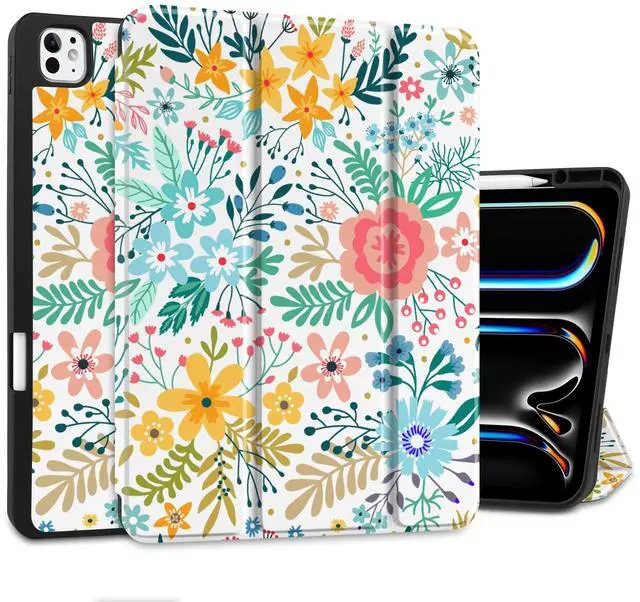 Main image of DONGKE Case for iPad Pro 13 inch (M5 2025 / M4 2024)  [Built-in Pencil Holder] Ultra Slim PU Leather Trifold Stand Cover with Soft TPU Back, Auto Wake/Sleep - Flower