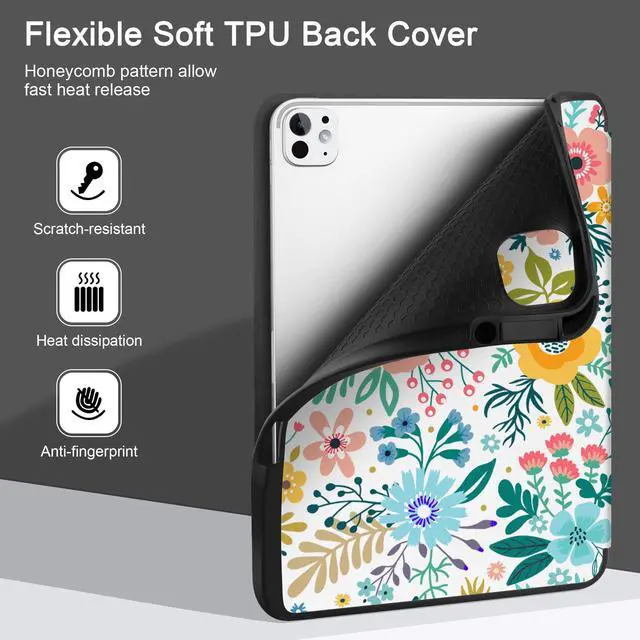 Alt view image 4 of 5 - DONGKE Case for iPad Pro 13 inch (M5 2025 / M4 2024)  [Built-in Pencil Holder] Ultra Slim PU Leather Trifold Stand Cover with Soft TPU Back, Auto Wake/Sleep - Flower