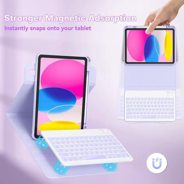 Alt view image 4 of 5 - YBING Keyboard Case for iPad 10th Gen 10.9 inch(2022) & 11th Gen(A16, 2025), 7-Color Backlit Detachable Keypad & Rotatable Magnetic Case with Pencil Holder (Purple)
