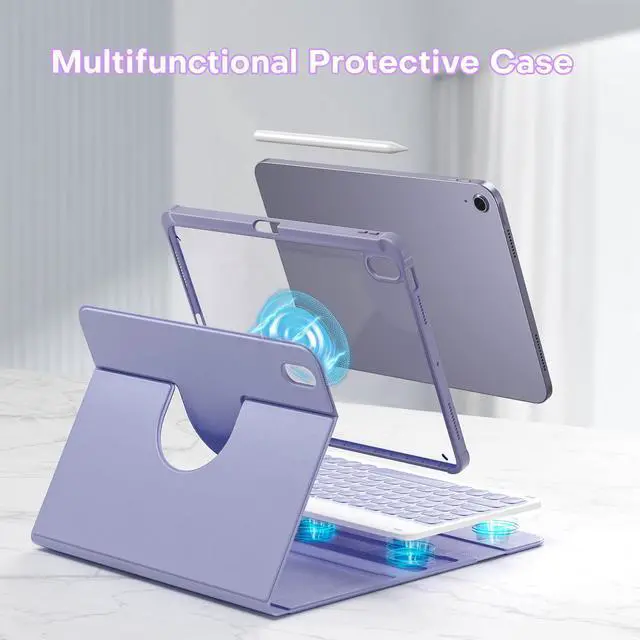 Alt view image 3 of 5 - YBING Keyboard Case for iPad 10th Gen 10.9 inch(2022) & 11th Gen(A16, 2025), 7-Color Backlit Detachable Keypad & Rotatable Magnetic Case with Pencil Holder (Purple)