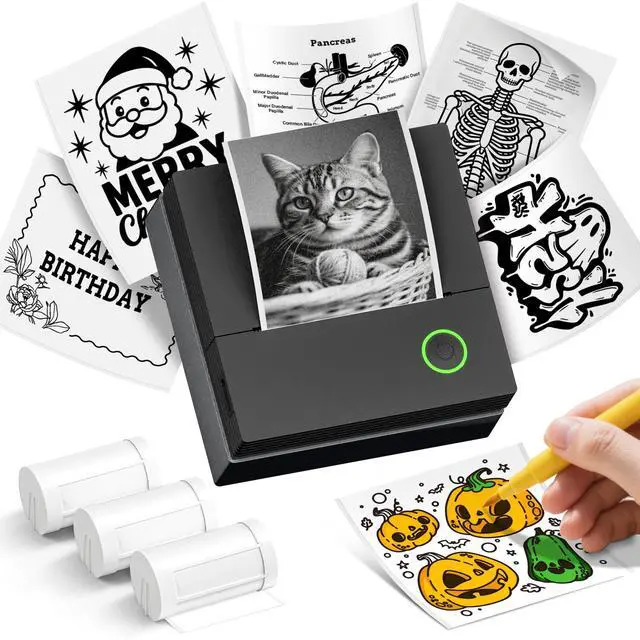 Main image of ETIKEZ Sticker Printer, PM290C Portable Mini Printer, Inkless Bluetooth Sticker Maker with 3 Rolls Paper, Impresora Portátil for Notes, Journal, DIY, Gift, Print Pod for School/Office/Home, Black