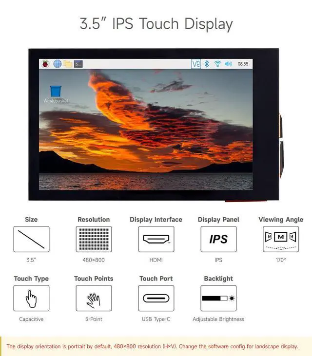 Alt view image 3 of 5 - waveshare 3.5inch IPS Capacitive Touch LCD Display, Compatible with Raspberry Pi 5/4B/3B/Zero/Zero W/Zero 2W/Pico/Pico W/Pico WH, 480×800, Adjustable Brightness