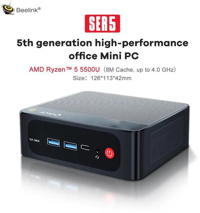 Alt view image 2 of 5 - Beelink Mini PC, SER5 AMD Ryzen 5 5500U(7nm, 6C/12T) up to 4.0GHz, Mini Gaming Computer 32GB DDR4 RAM 500GB NVME SSD, Micro PC 4K@60Hz Dual Display, Mini Computer WiFi6/BT5.2/HTPC/W-11 Pro