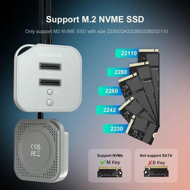 Alt view image 4 of 5 - SEINIKAY M.2 NVME SSD Duplicator  90GBpm Portable NVME Cloner Duplicator with C to C-A Cable, Offline Clone, Tool-Free Design, Progress LED & Fast Heat Dissipation