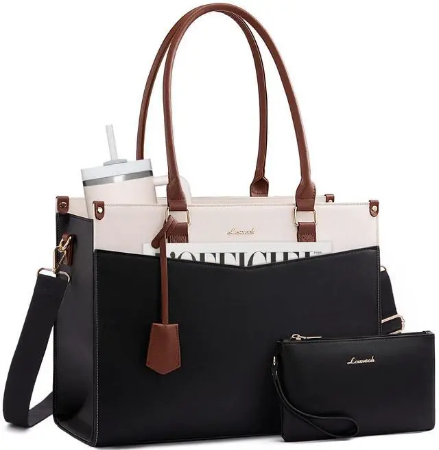 Main image of LOVEVOOK 2-in-1 Laptop Bag for Women, 17.3 Inch Multi Pocket Leather Tote Purse with Elegant Clutch & Cup Holder, Waterproof Large Capacity Work Briefcase for Office Travel, Black-Beige-Brown
