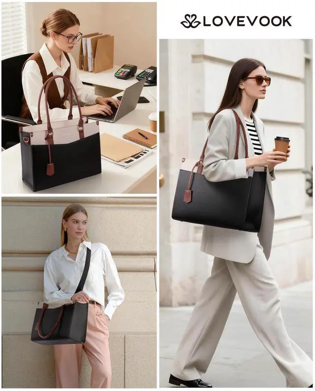 Alt view image 2 of 5 - LOVEVOOK 2-in-1 Laptop Bag for Women, 17.3 Inch Multi Pocket Leather Tote Purse with Elegant Clutch & Cup Holder, Waterproof Large Capacity Work Briefcase for Office Travel, Black-Beige-Brown